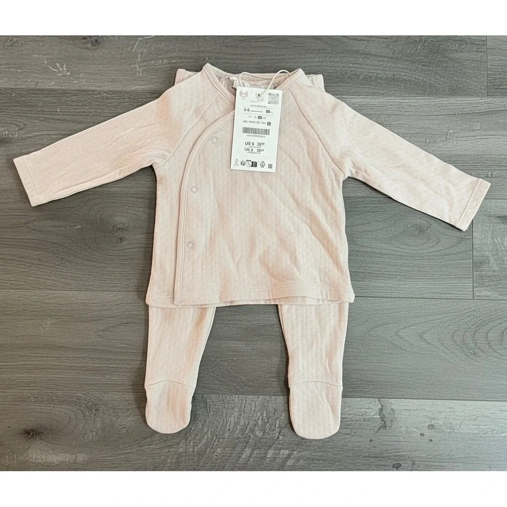 NWT Zara Baby 3-6 Months Pink Pointelle Knit Wrap Top and Footed Leggings Set